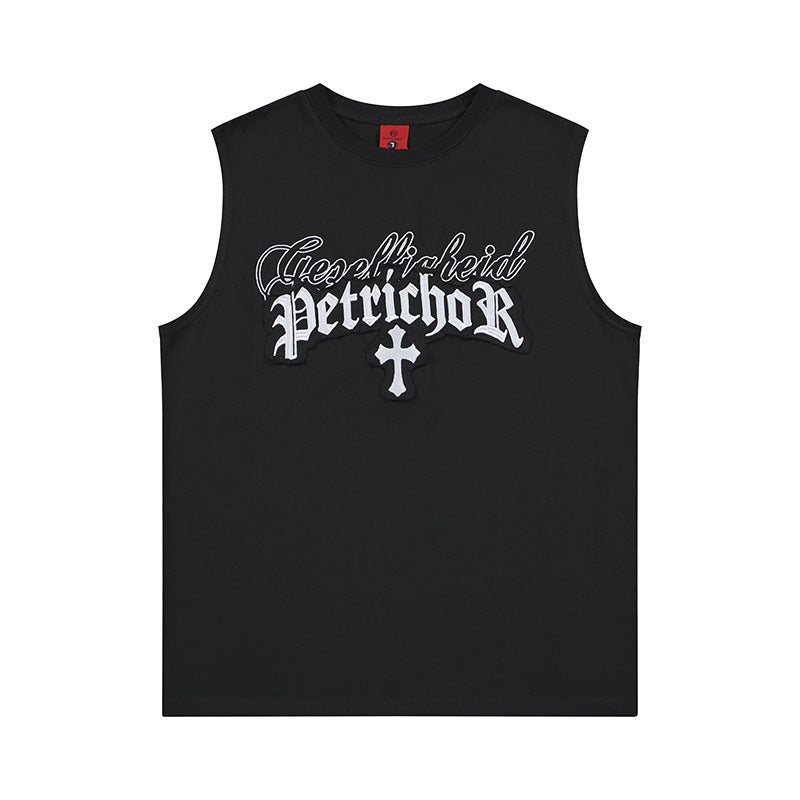 Gothic Cross Letter Embroidered Wide-Shoulder Vest