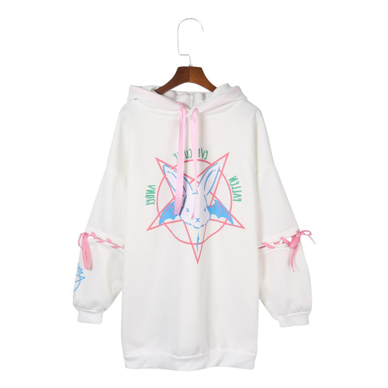 Evil Cutie Pentagram Hoodie | Gothic Lace-Up Oversized Sweatshirt