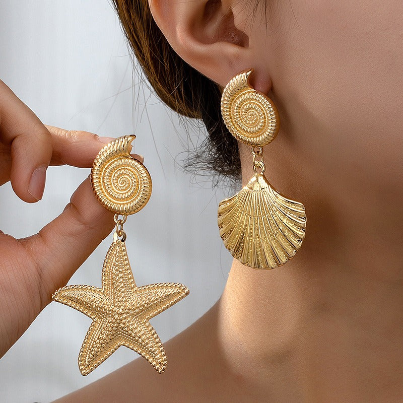 Gold Starfish & Shell Statement Earrings