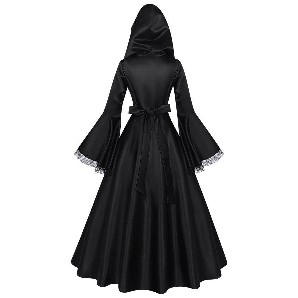 Midnight Gothic Hooded Long Dress | Medieval Witch & Renaissance Cosplay Costume