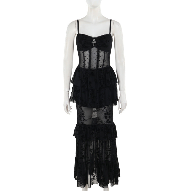 Gothic Chiffon Strap Bodycon Maxi Dress