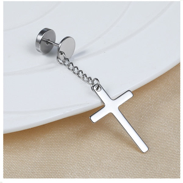 Punk Gothic Stainless Steel Stud Earring | Cross & Round Fake Ear Taper | Black, Gold, Silver