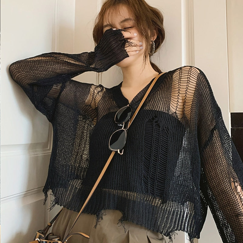 Gothic Hollow-Out Knit Pullover – Short Crop Top