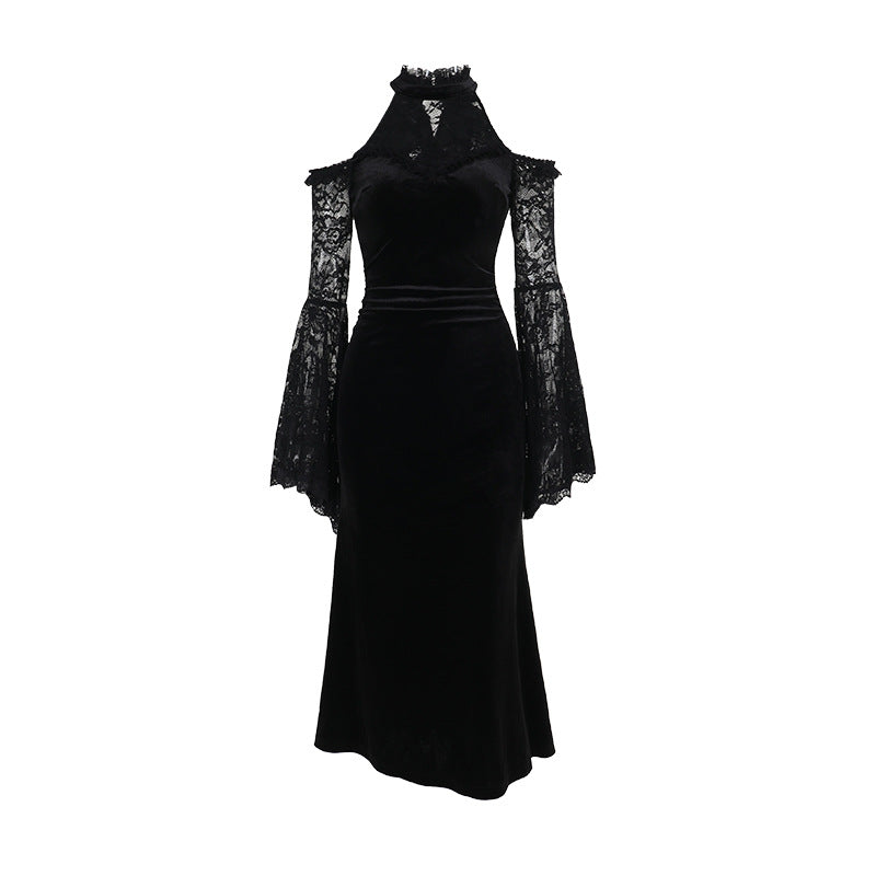 Gothic Witch Maxi Dress – Halter Flared Sleeve Bodycon