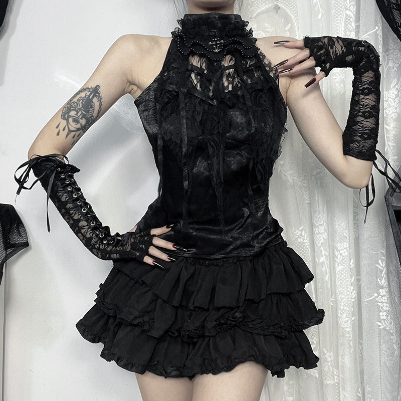 Street Style Gothic Ruffled Rose Strap Top with Spiderweb Bow Neckline for Women