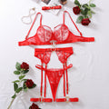 5-Piece Mesh Lingerie Set with Metal Buckle | Underwire Bra Set | Red & White | S–L