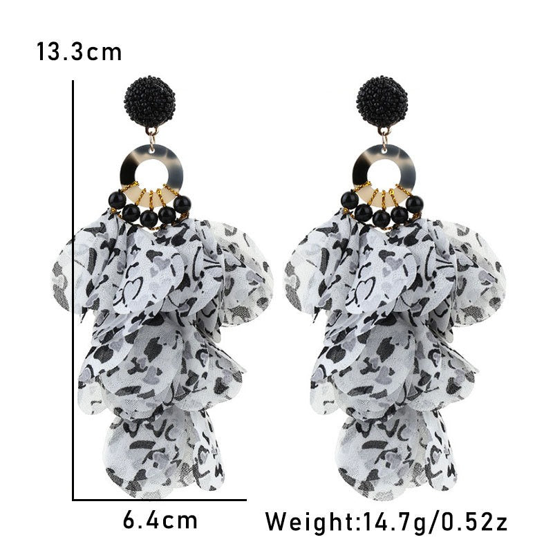 Handmade fabric floral earrings long tassel earrings