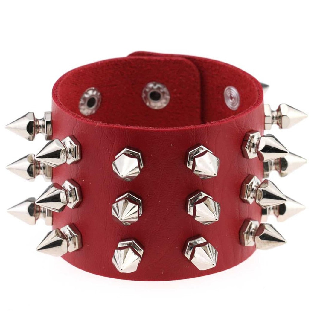 Punk Gothic Spiked Rivet Leather Cuff Bracelet | Wide Wristband | Black & Red