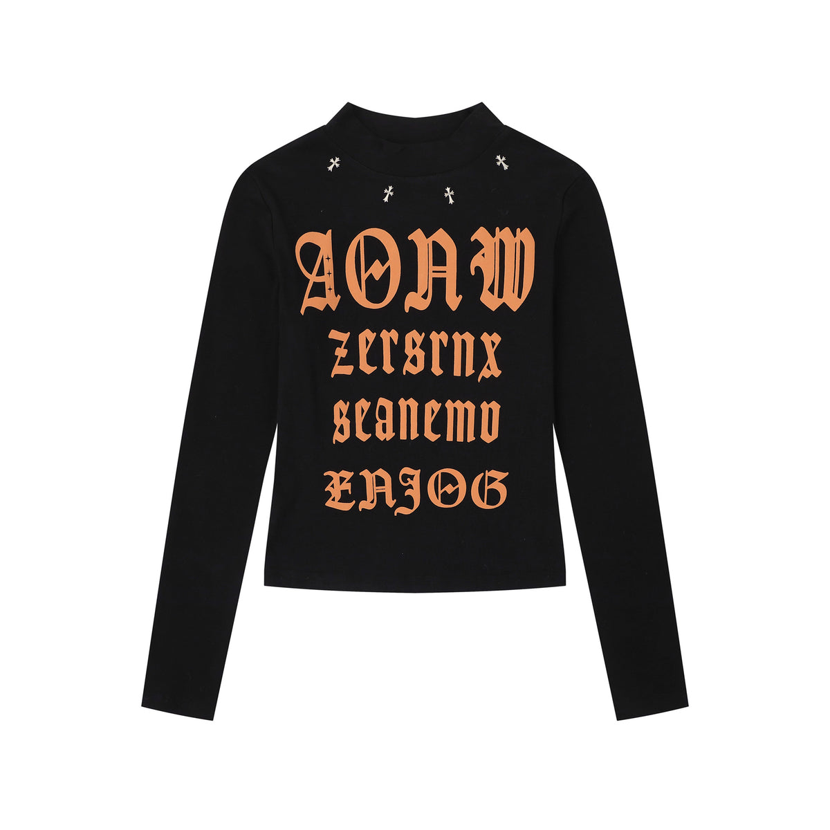Gothic Letter Stud Crop Top – Semi-High Neck Slim Fit