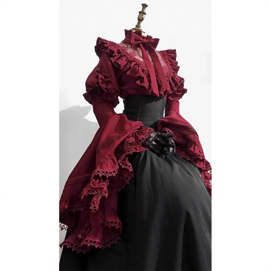 Gothic Lolita Corset Shirt & A-Line Skirt Set | Princess Sleeve Two-Piece Outfit