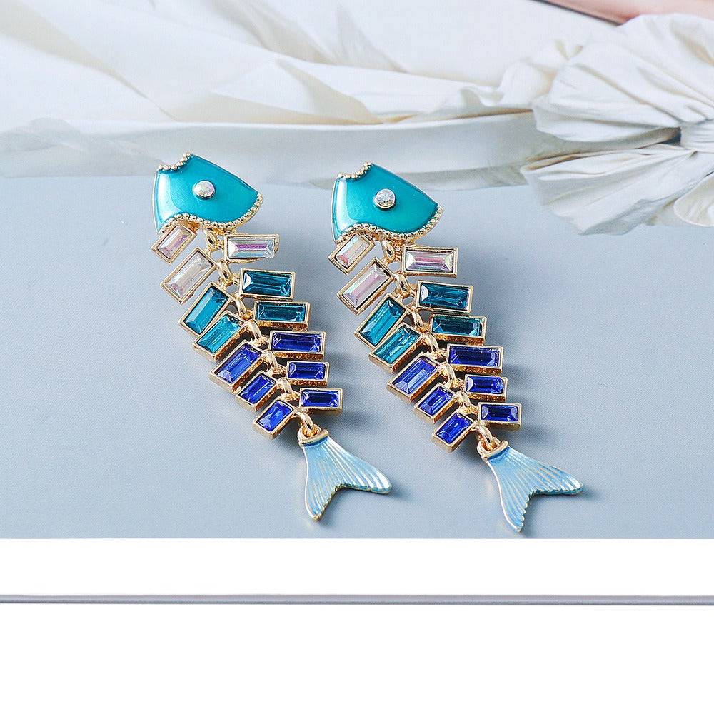 Sea Witch Fish Bone Crystal Dangle Earrings