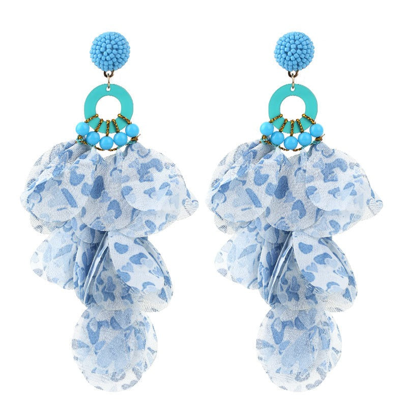 Handmade Fabric Floral Tassel Drop Earrings