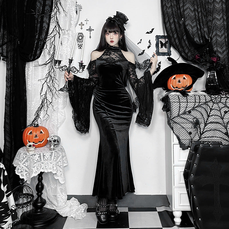 Gothic Witch Maxi Dress – Halter Flared Sleeve Bodycon