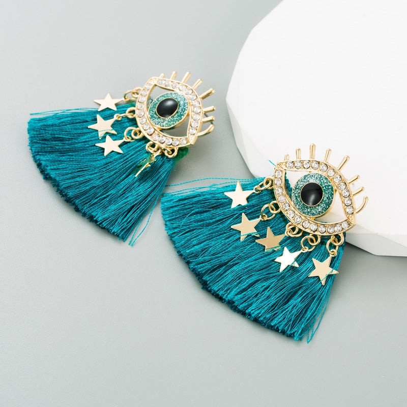 Devil Eyes Diamond Tassel Earrings | Alloy Statement Earrings in Black & Blue