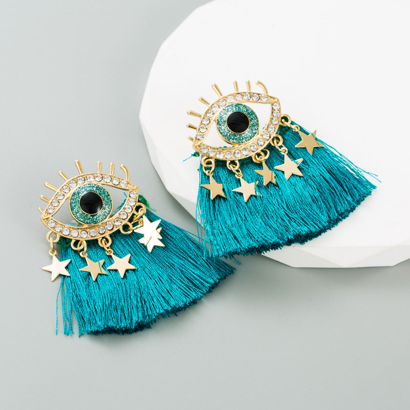 Devil Eyes Diamond Tassel Earrings | Alloy Statement Earrings in Black & Blue