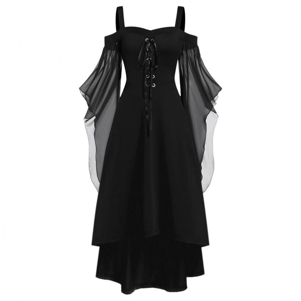 Plus Size Gothic Off-Shoulder Witch Dress | Flared Sleeve Chiffon Maxi Dress