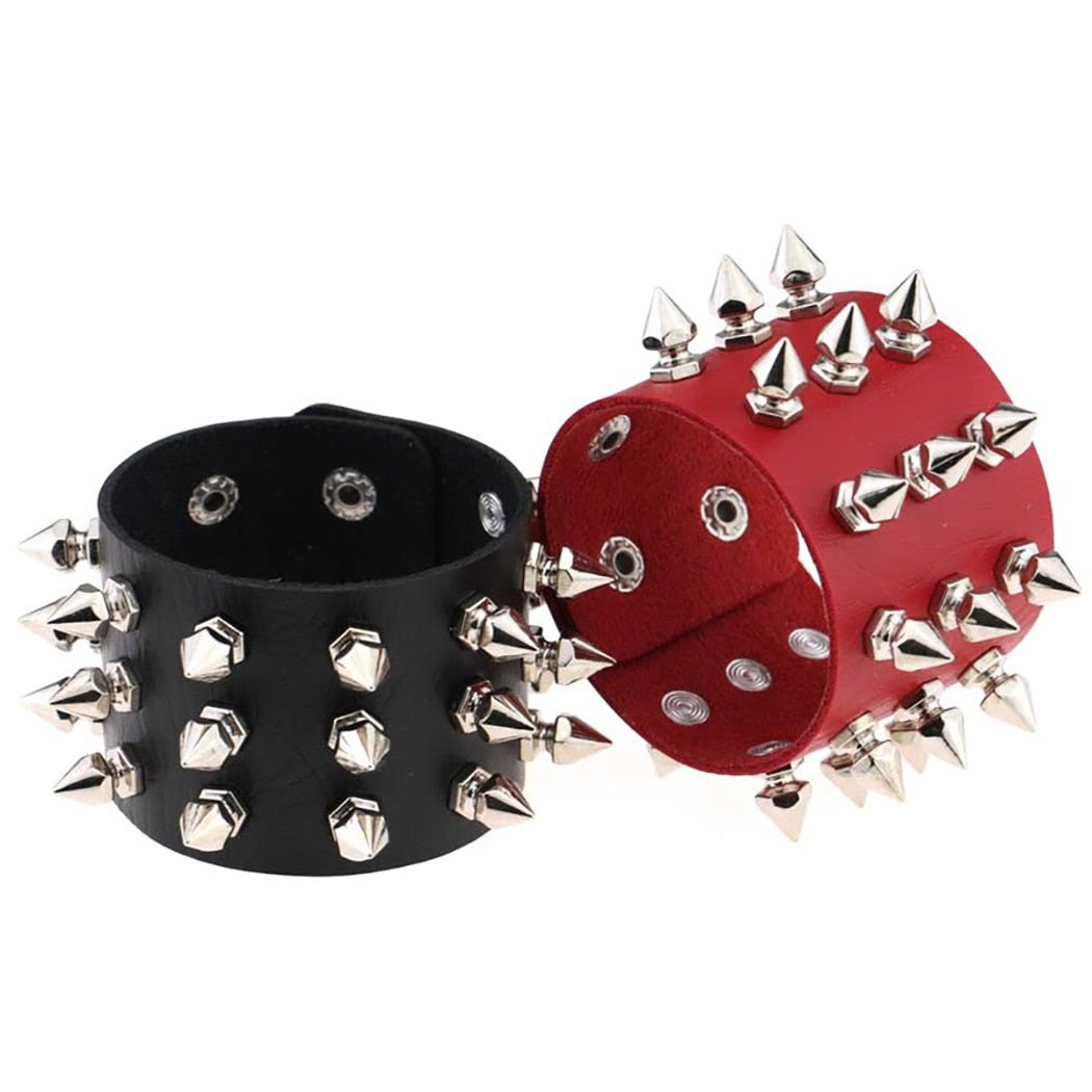 Punk Gothic Spiked Rivet Leather Cuff Bracelet | Wide Wristband | Black & Red