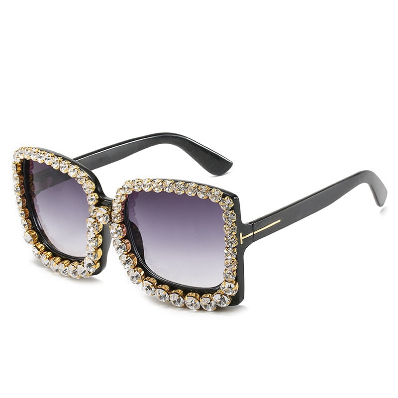 Oversized Square Rhinestone Crystal Sunglasses | Vintage Luxury UV400 | Black, Silver, Pink, Purple