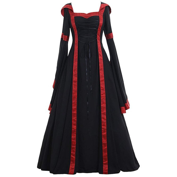 Medieval Gothic Victorian Hooded Strap Dress – Trumpet Sleeve