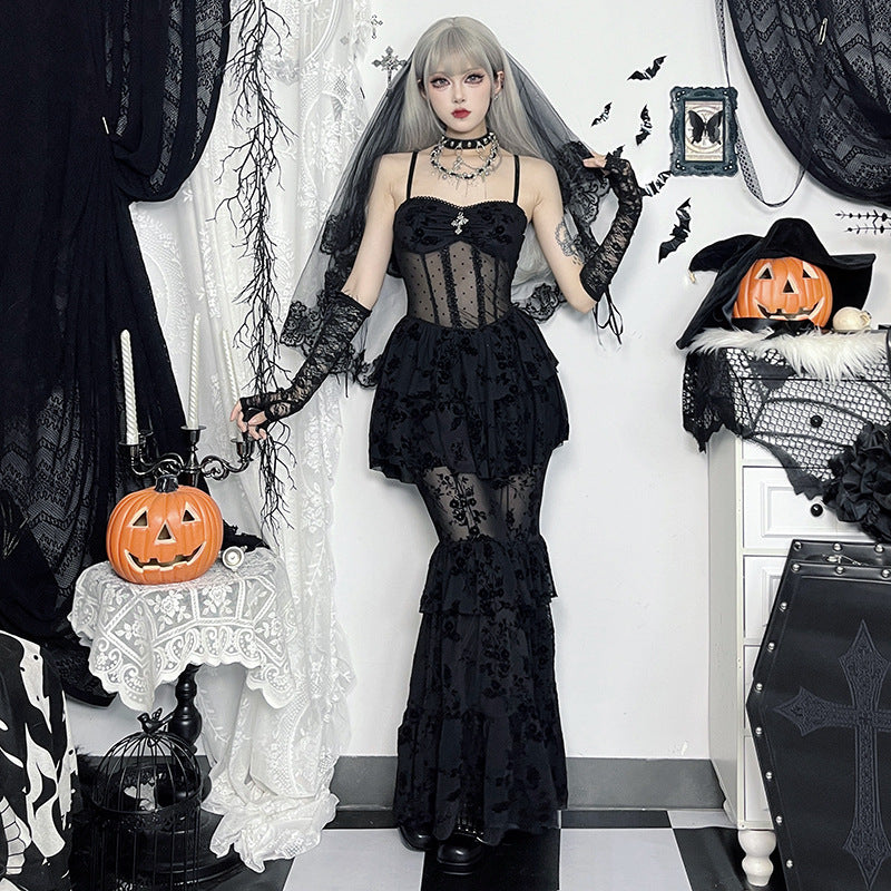 Gothic Chiffon Strap Bodycon Maxi Dress