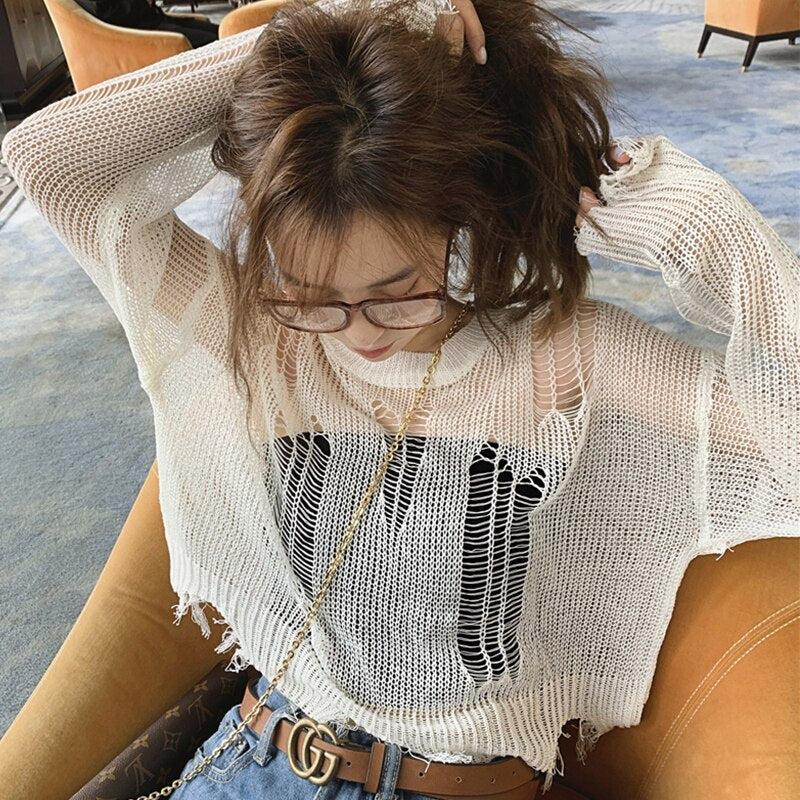 Gothic Hollow-Out Knit Pullover – Short Crop Top