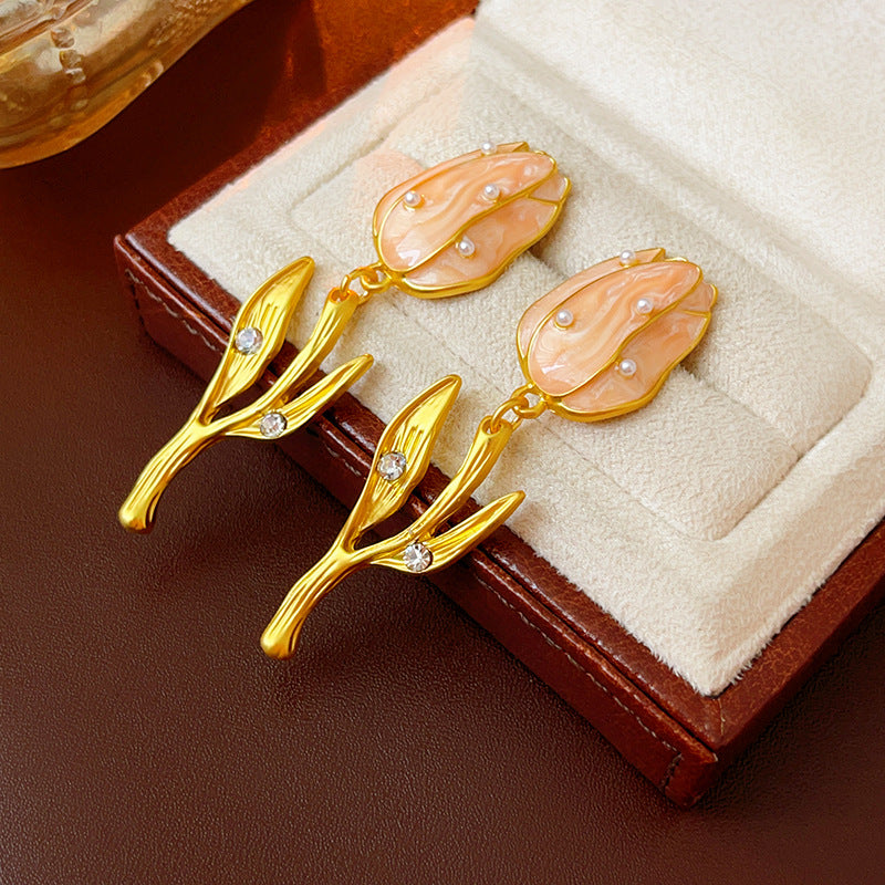 Gold Tulip Pearl Drop Earrings