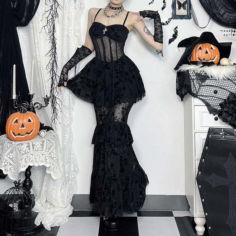 Gothic Chiffon Strap Bodycon Maxi Dress