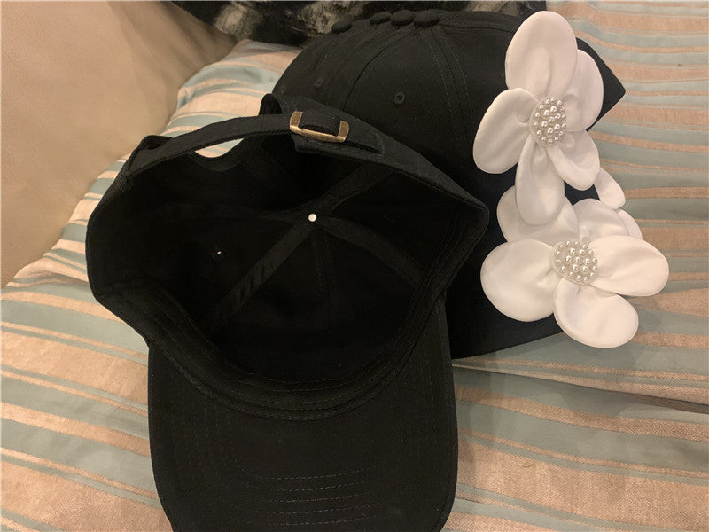 3D Pearl Flower Baseball Cap | Korean Style Cotton Sun Hat | Black & White