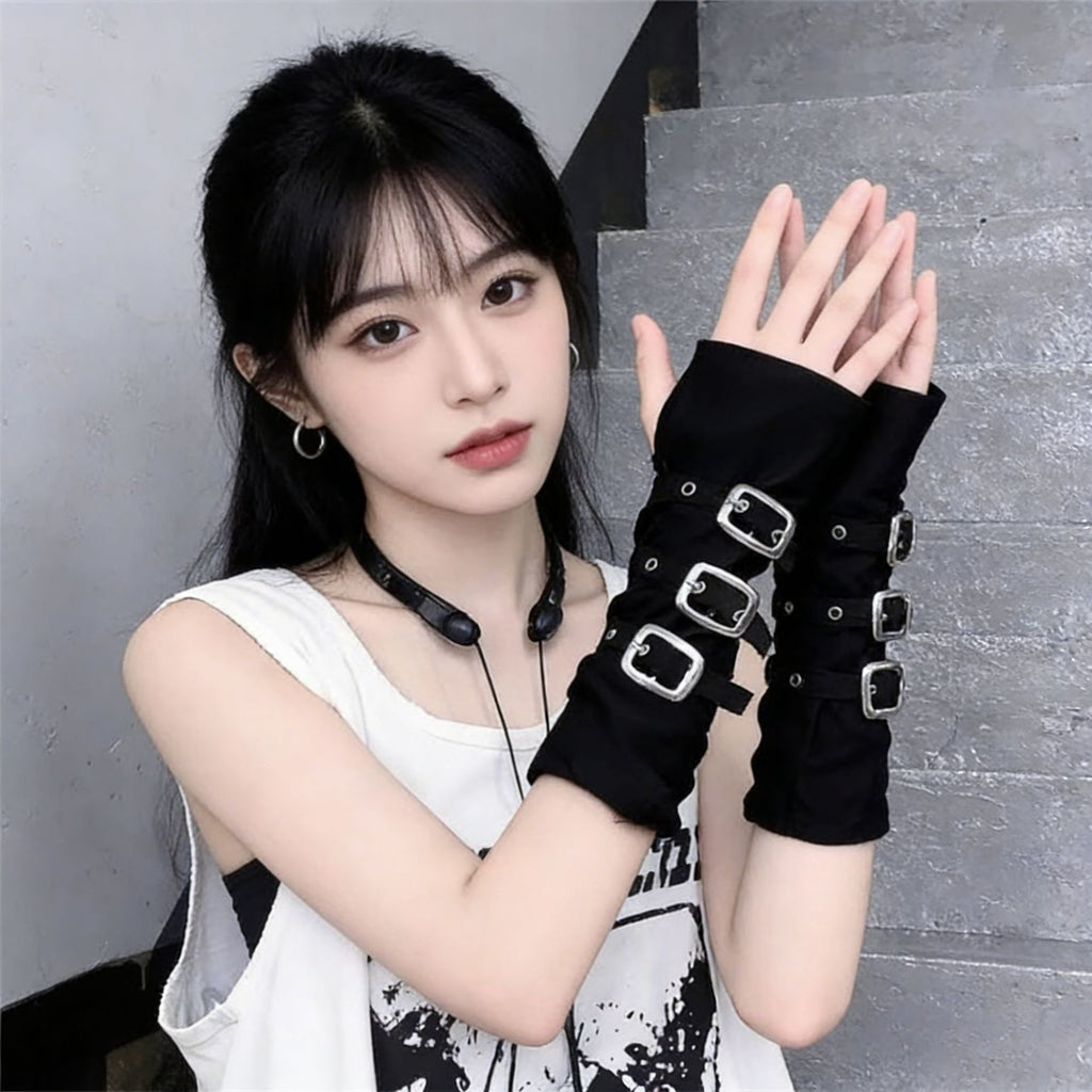 Punk Gothic Fingerless Gloves | Metal Buckle Arm Sleeves | Dark Cosplay & Sun Protection
