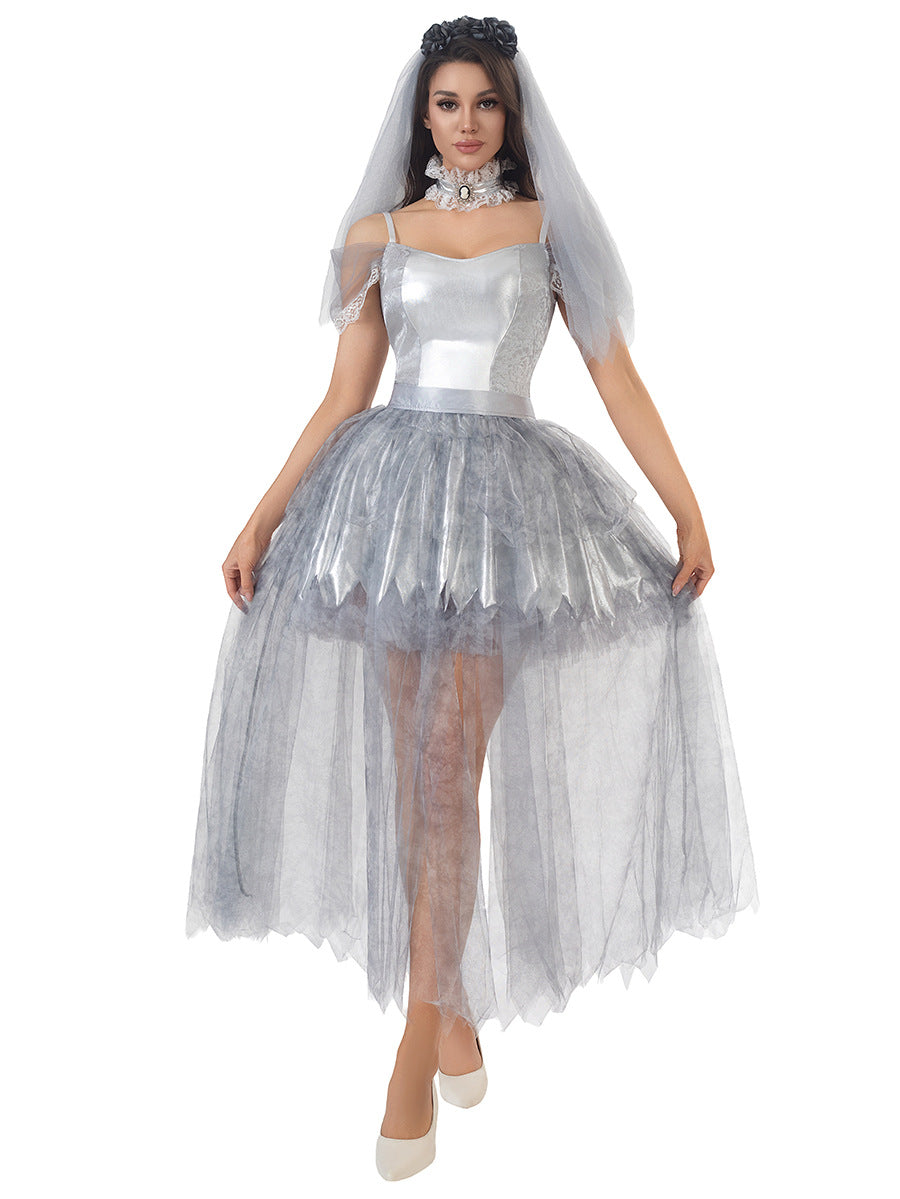 Gothic Ghost Bride Witch Dress Set | Sexy Strapless Dress with Veil & Neckwear