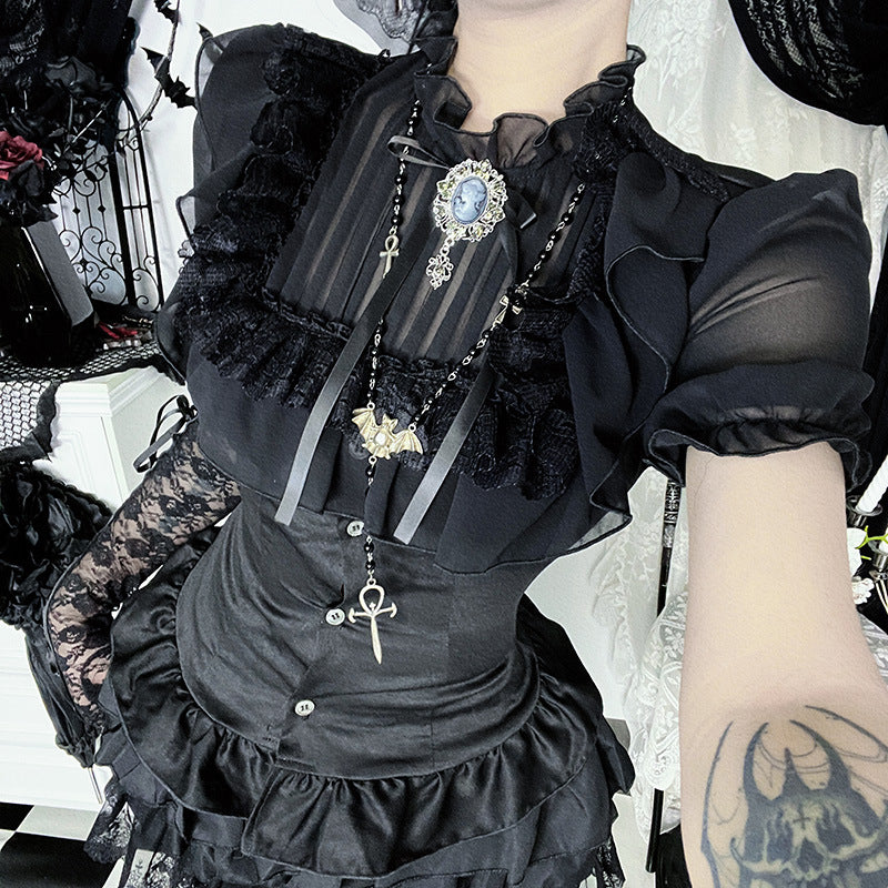 Gothic Dark Style Stand Collar Short Top