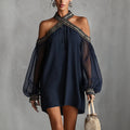 🌊 Embroidered Off-Shoulder Lantern Sleeve Resort Dress