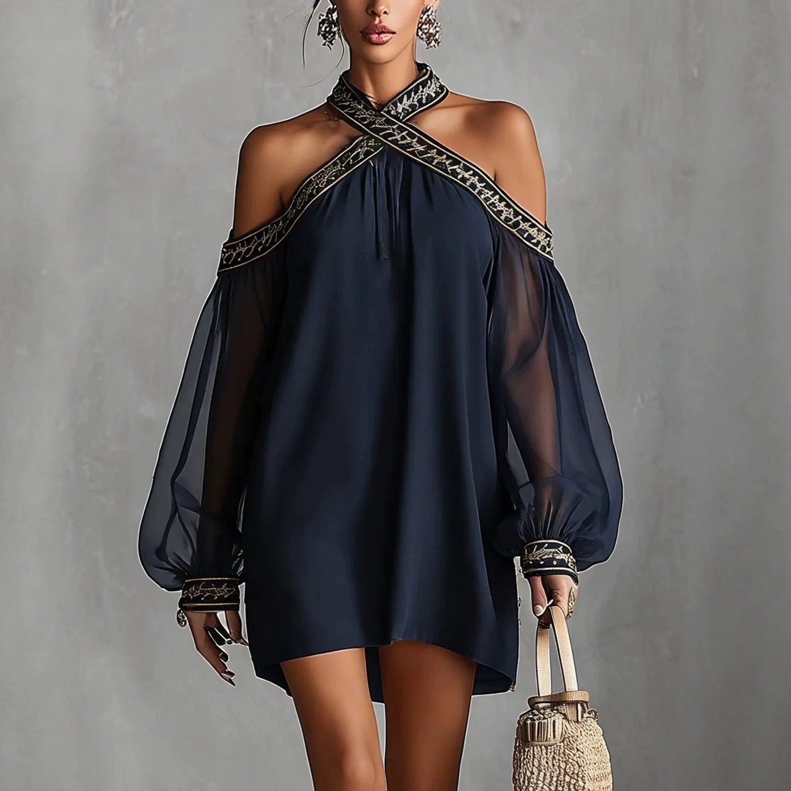 🌊 Embroidered Off-Shoulder Lantern Sleeve Resort Dress