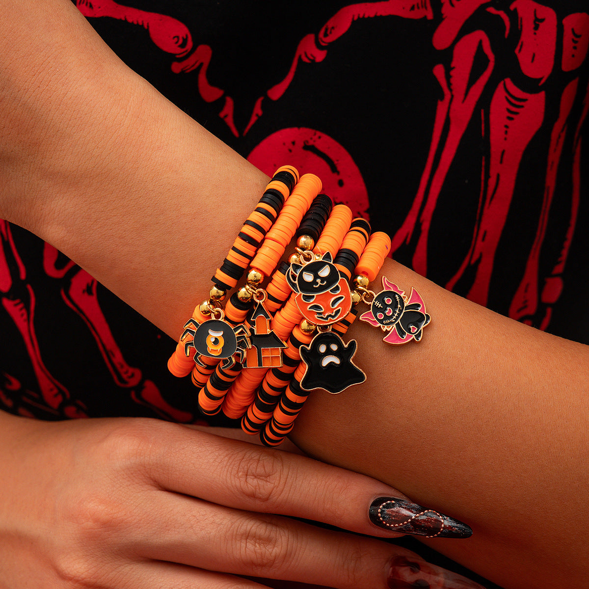 Gothic Pumpkin Multi-Layer Bracelet Set | Punk Alloy Ceramic Halloween Jewelry