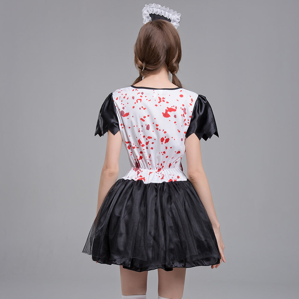 Horror Print Halloween Cosplay Costume Set | Black Floral Skirt & Hair Clip