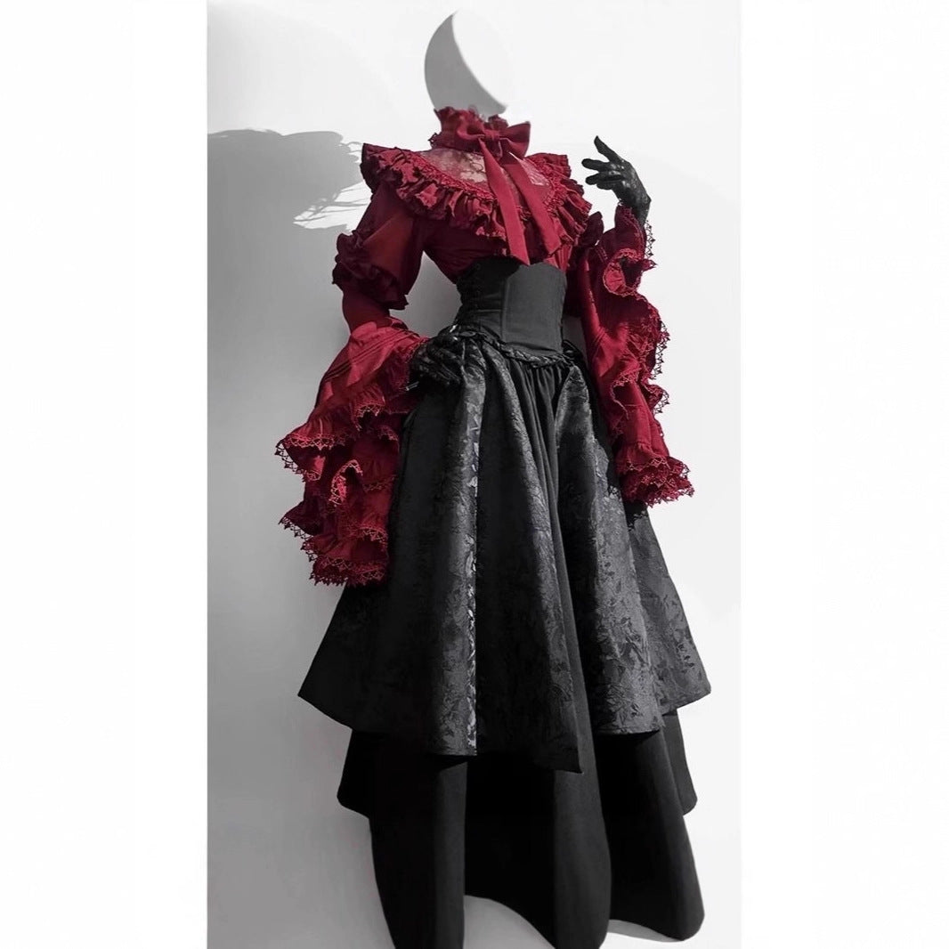 Gothic Lolita Corset Shirt & A-Line Skirt Set | Princess Sleeve Two-Piece Outfit