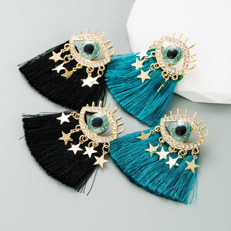 Devil Eyes Diamond Tassel Earrings | Alloy Statement Earrings in Black & Blue