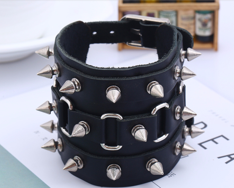 Exaggerated Punk Genuine Leather Bracelet | Handmade Wide Cuff