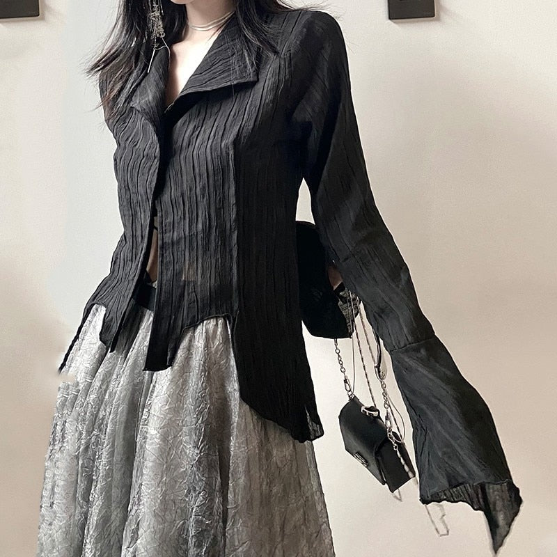 Gothic Irregular Black Blouse – Yamamoto Dark Aesthetic