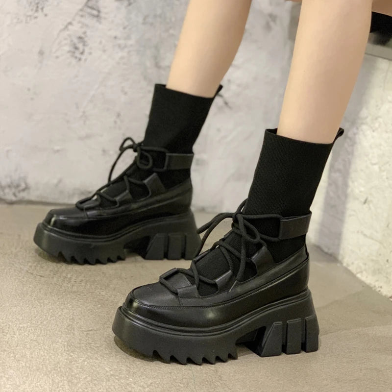Gothic Platform Sock Boots – Cross-Tied Stretch