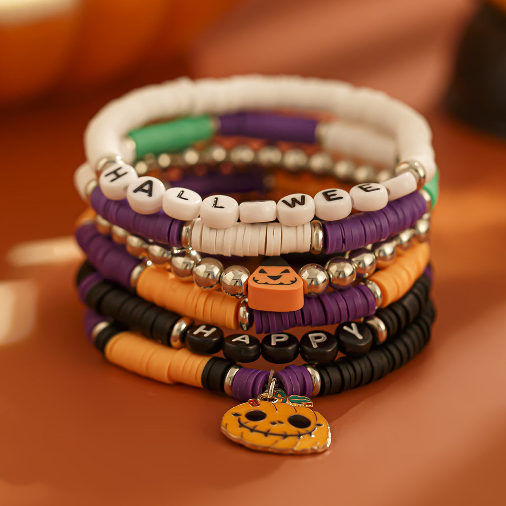 Gothic Pumpkin Multi-Layer Bracelet Set | Punk Alloy Ceramic Halloween Jewelry