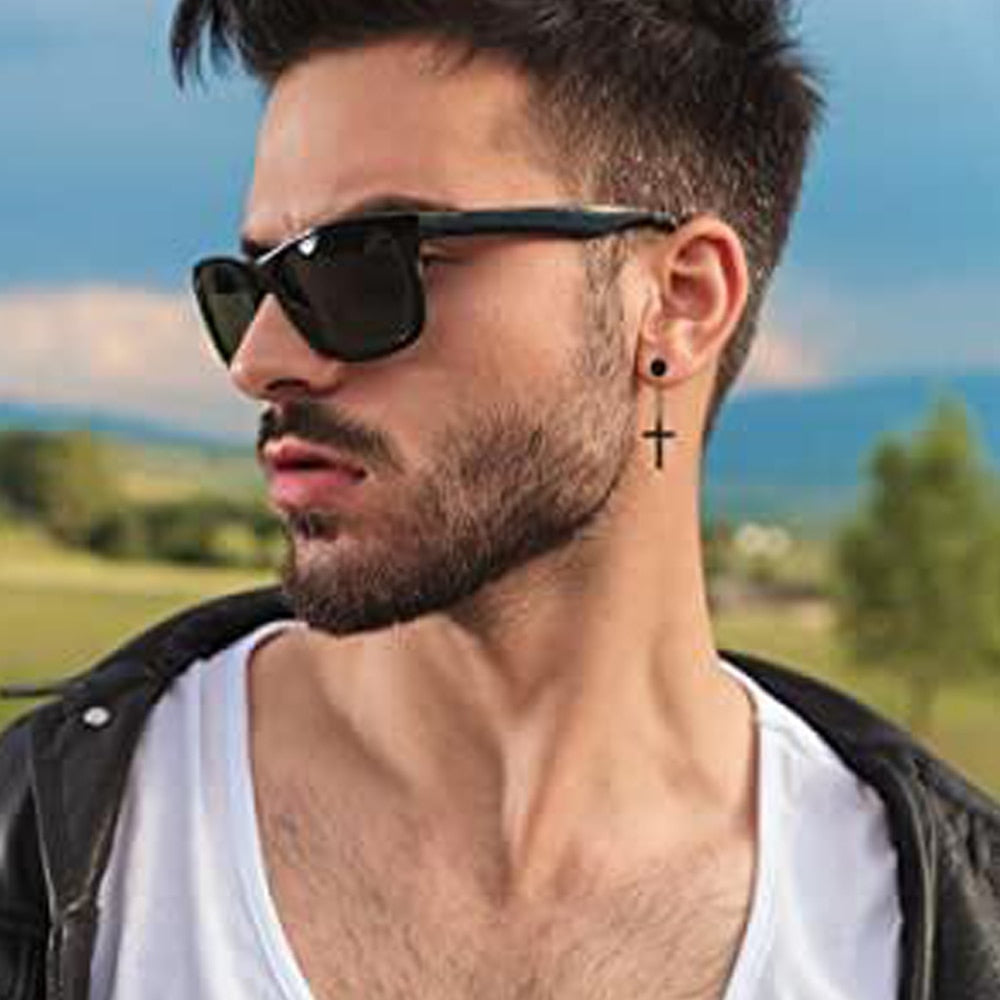 Punk Gothic Stainless Steel Stud Earring | Cross & Round Fake Ear Taper | Black, Gold, Silver