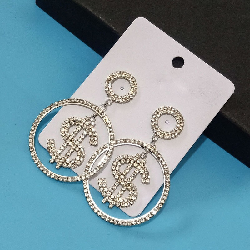 Dollar Sign Coin Rhinestone Statement Earrings