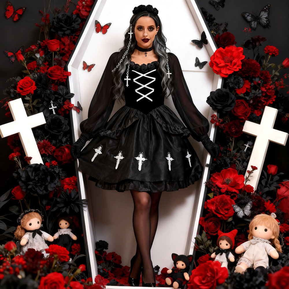 Gothic Ghost Bride Costume Set | 4-Piece Dark Witch Vampire Outfit | Halloween Women's Dress | M–XL