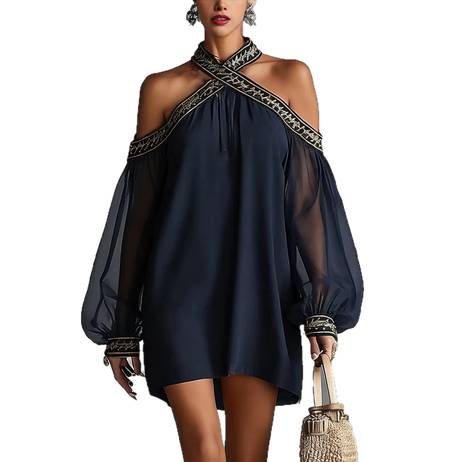 🌊 Embroidered Off-Shoulder Lantern Sleeve Resort Dress