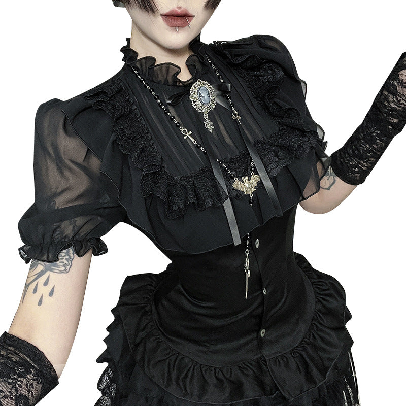 Gothic Dark Style Stand Collar Short Top