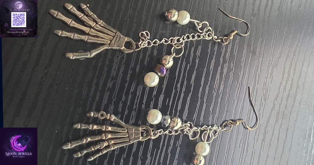 Gothic Skeleton Hand Pearl Cascade Statement Earrings