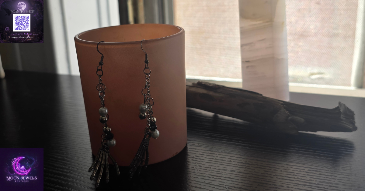 Gothic Skeleton Hand Pearl Cascade Statement Earrings