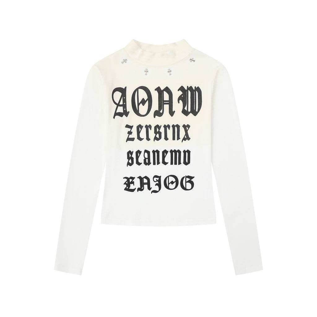 Gothic Letter Stud Crop Top – Semi-High Neck Slim Fit