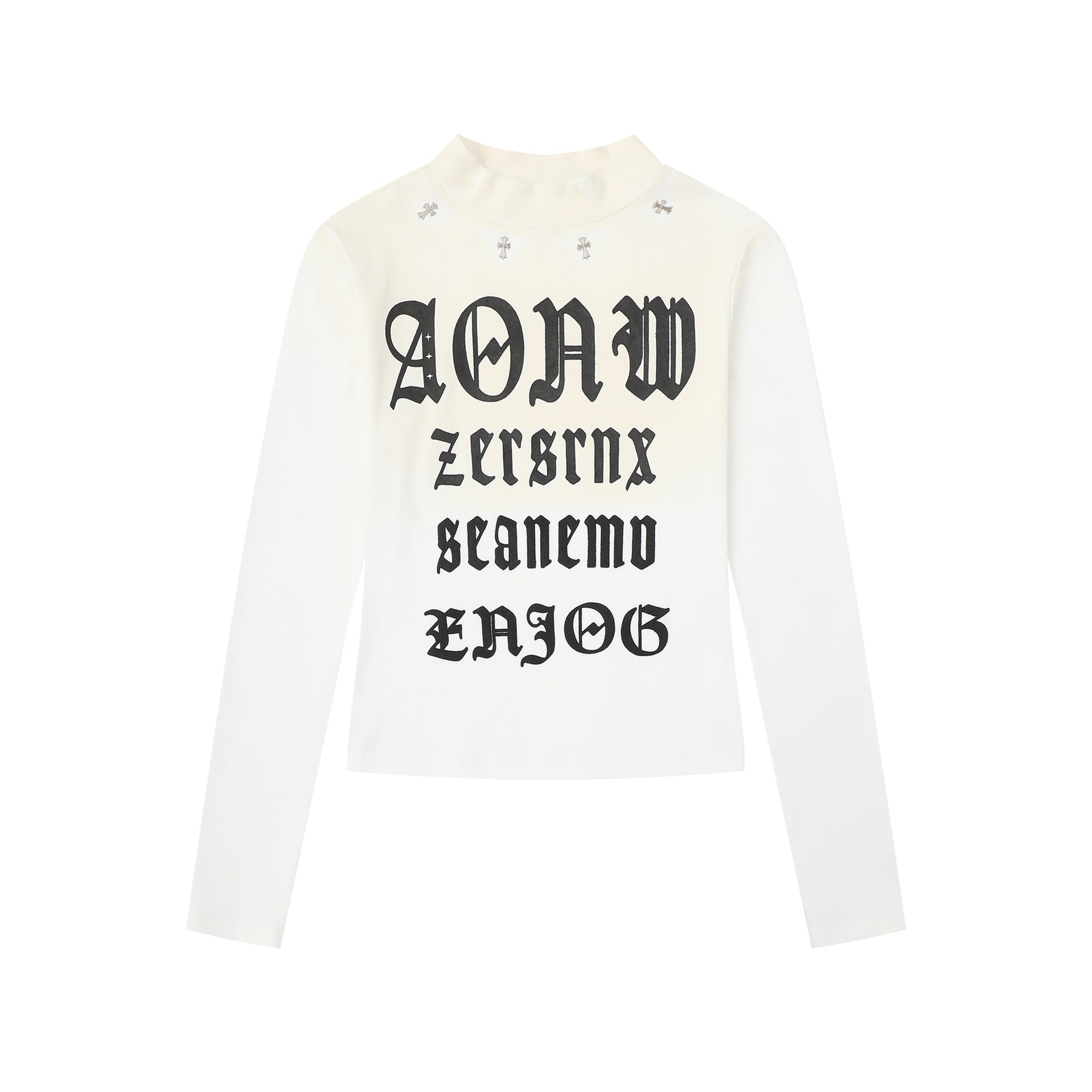 Gothic Letter Stud Crop Top – Semi-High Neck Slim Fit
